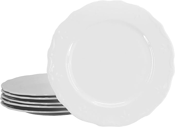 6pc White Porcelain Dinner Plates Set Embossed Rim Elegant Tableware