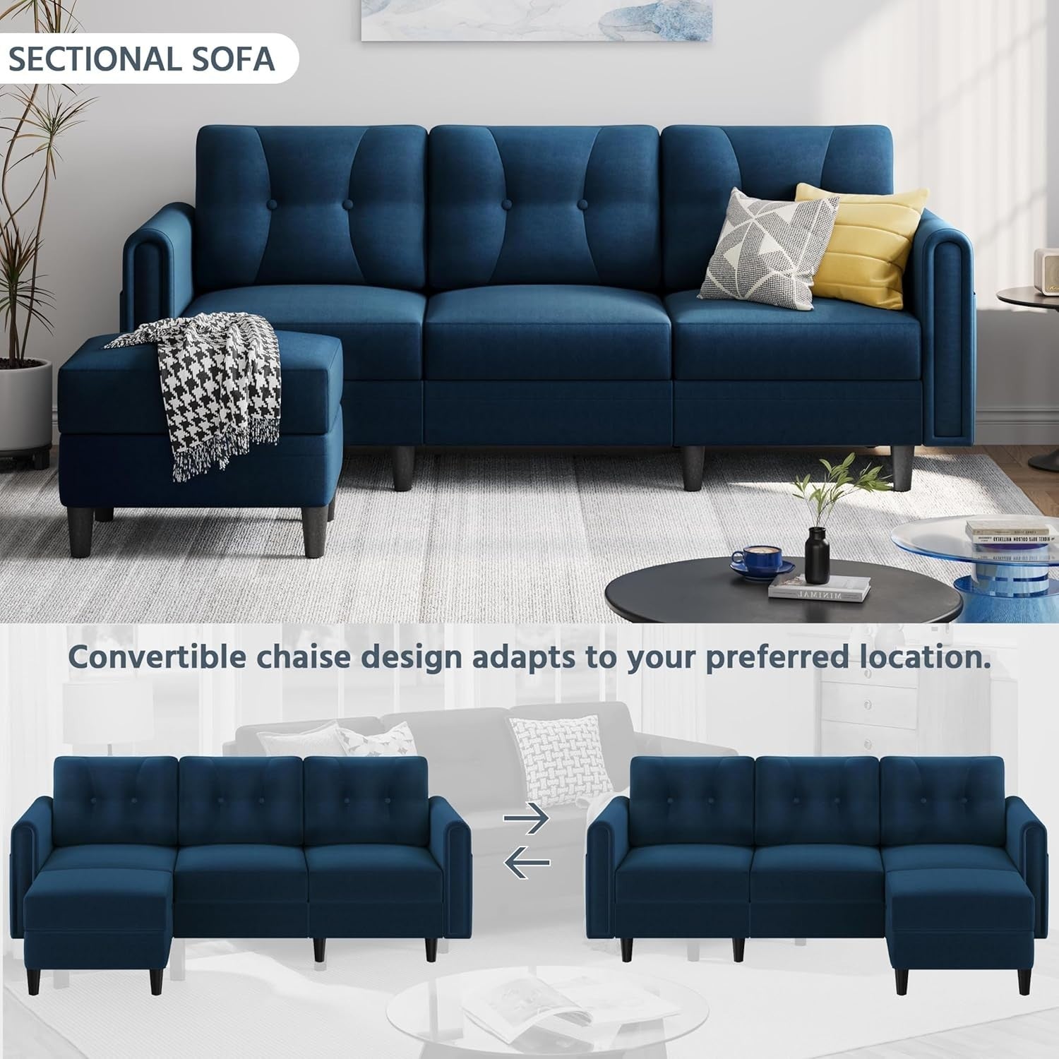 Velvet L-Shaped Corner Sofa with Ottoman 3-Seater Chaise for Small Spaces