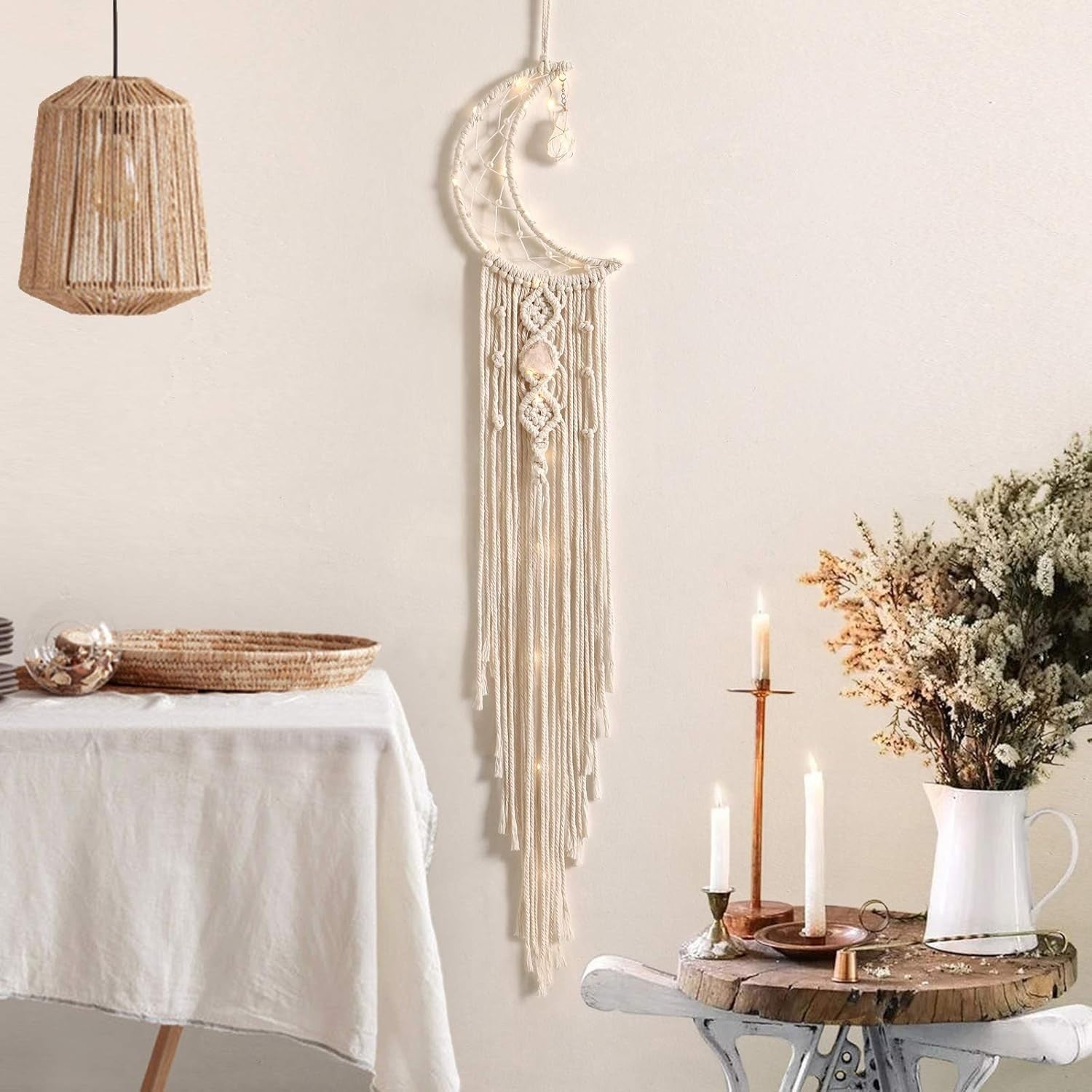 Boho Macrame Moon Wall Hanging White Crystal Dreamcatcher Decor
