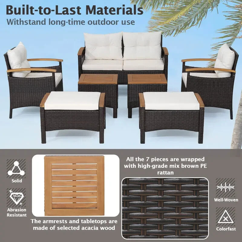 7PC Rattan Garden Patio Sofa Set – Outdoor Chairs Ottomans Table Cushions