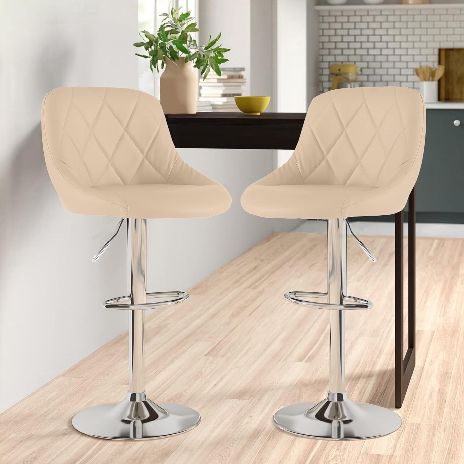 Cream Faux Leather Adjustable Swivel Bar Stools Set of 2 Chrome