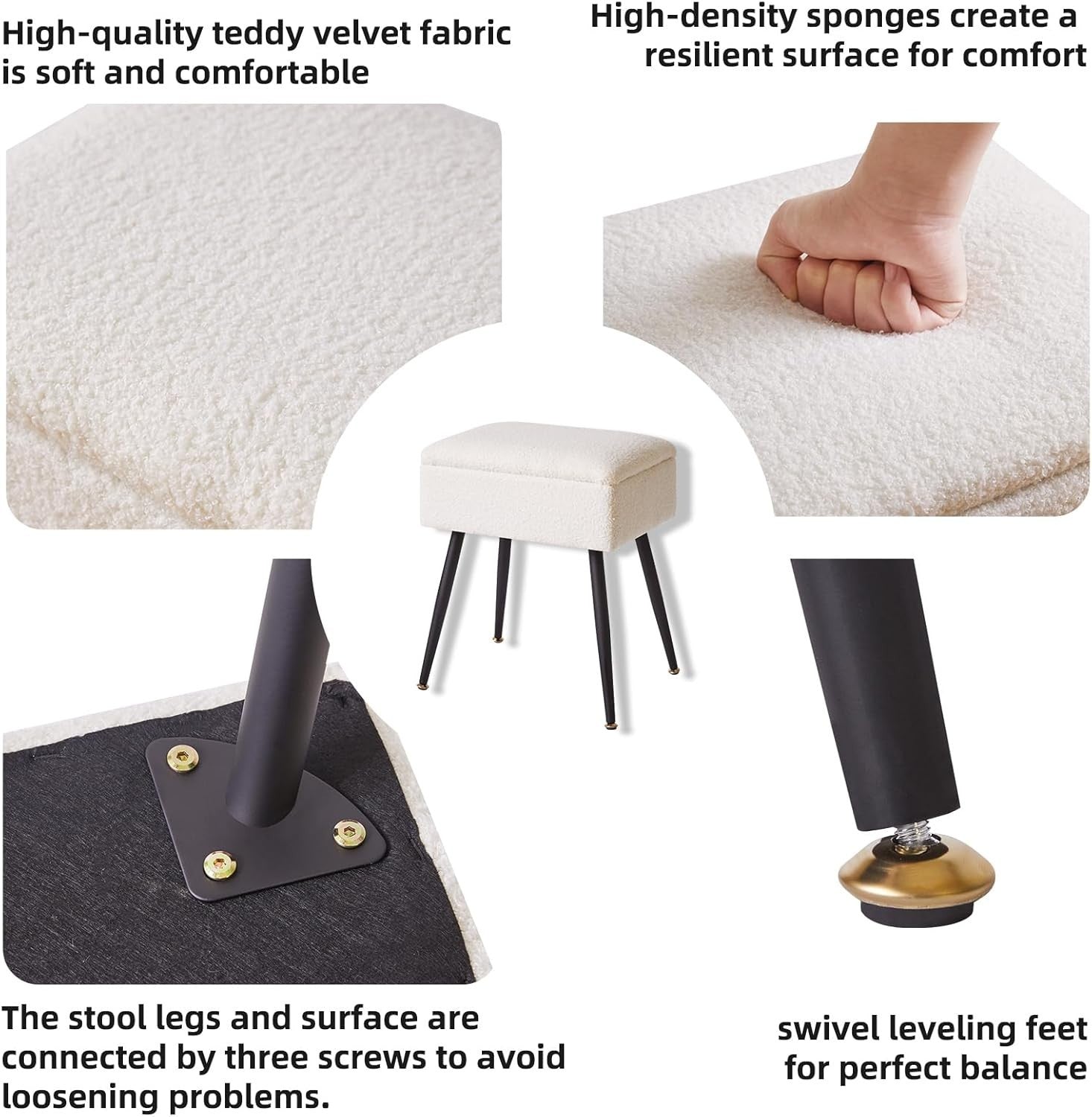Warm White Teddy Fur Vanity Stool with Storage – Rectangular Makeup Chair