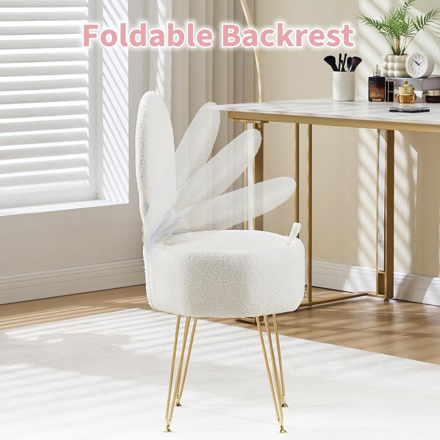White Sherpa Vanity Chair with Storage & Foldable Back – Makeup Stool
