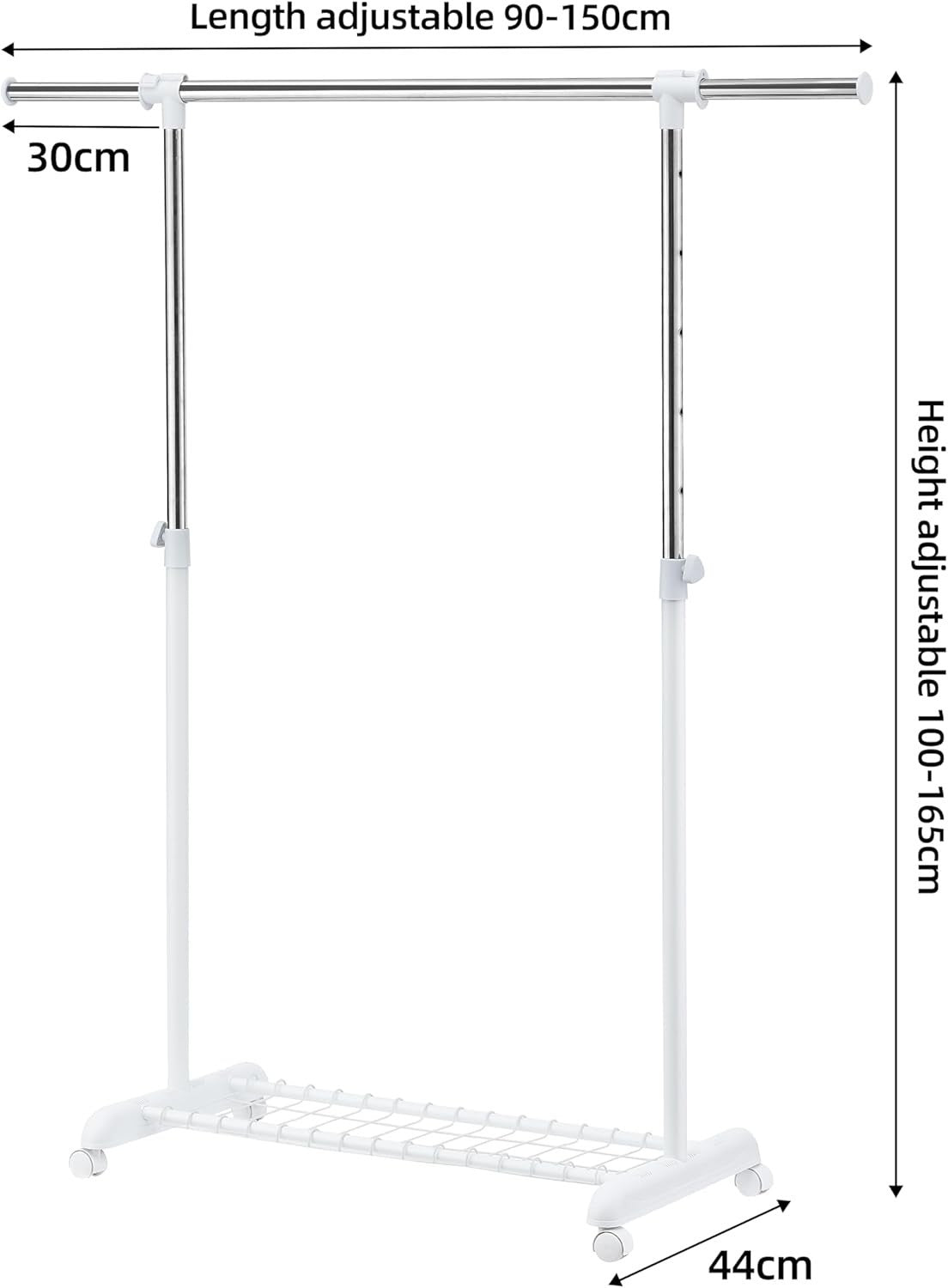 Heavy Duty Adjustable Clothes Rail with Wheels & Shelf – White