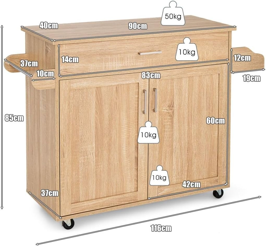 Kitchen Island Trolley on Wheels Storage Cabinet Drawer Wood Worktop