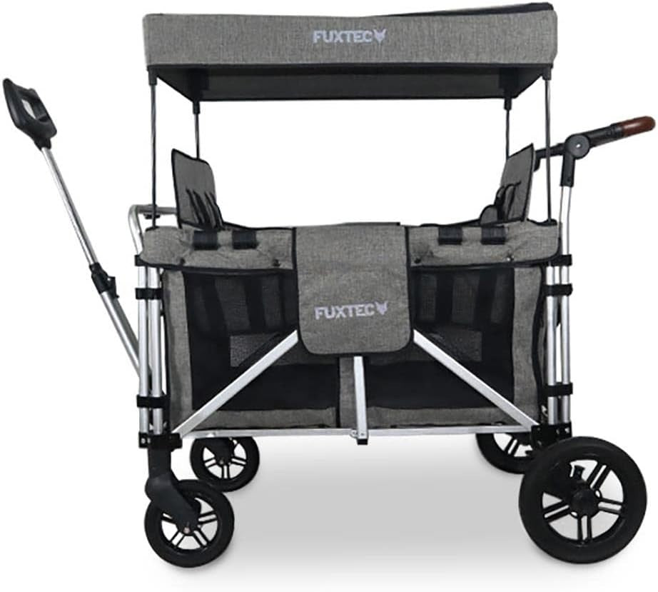 Premium Grey 4-Seater All-Terrain Kids Folding Wagon with Canopy & Safety Belts