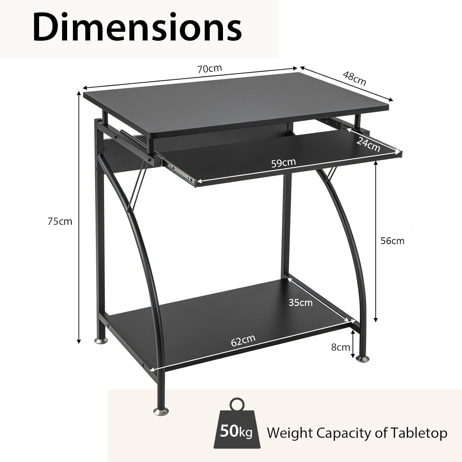 Compact Computer Desk with Keyboard Tray Storage Shelf Small Home Office Table