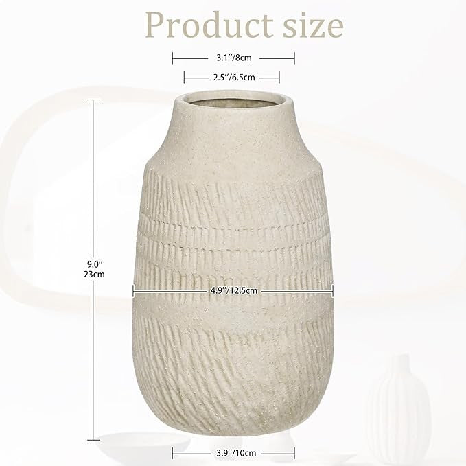 Beige Ceramic Vase 23cm Small Boho Nordic Decor for Dried Flowers Pampas