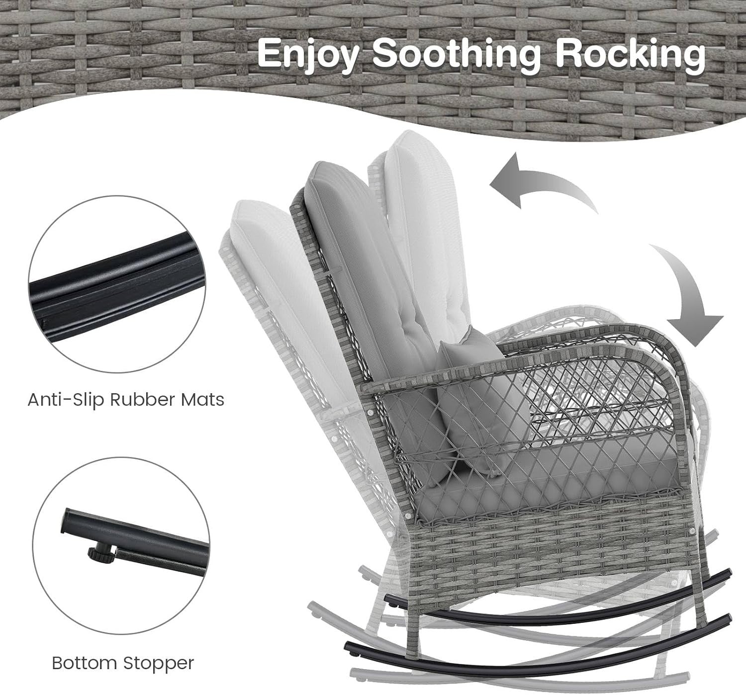 3 Piece Grey Rattan Bistro Set Rocking Chairs with Glass Table Outdoor