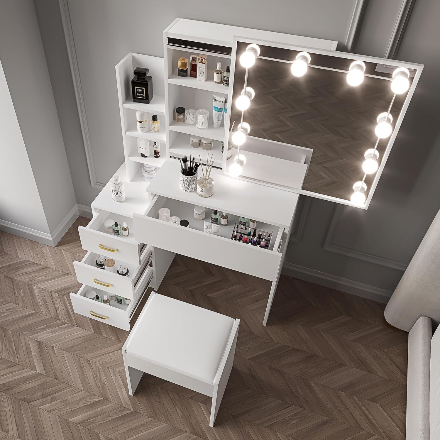 White Dressing Table Set w/LED Mirror Lights 3 Drawers Open Storage Modern