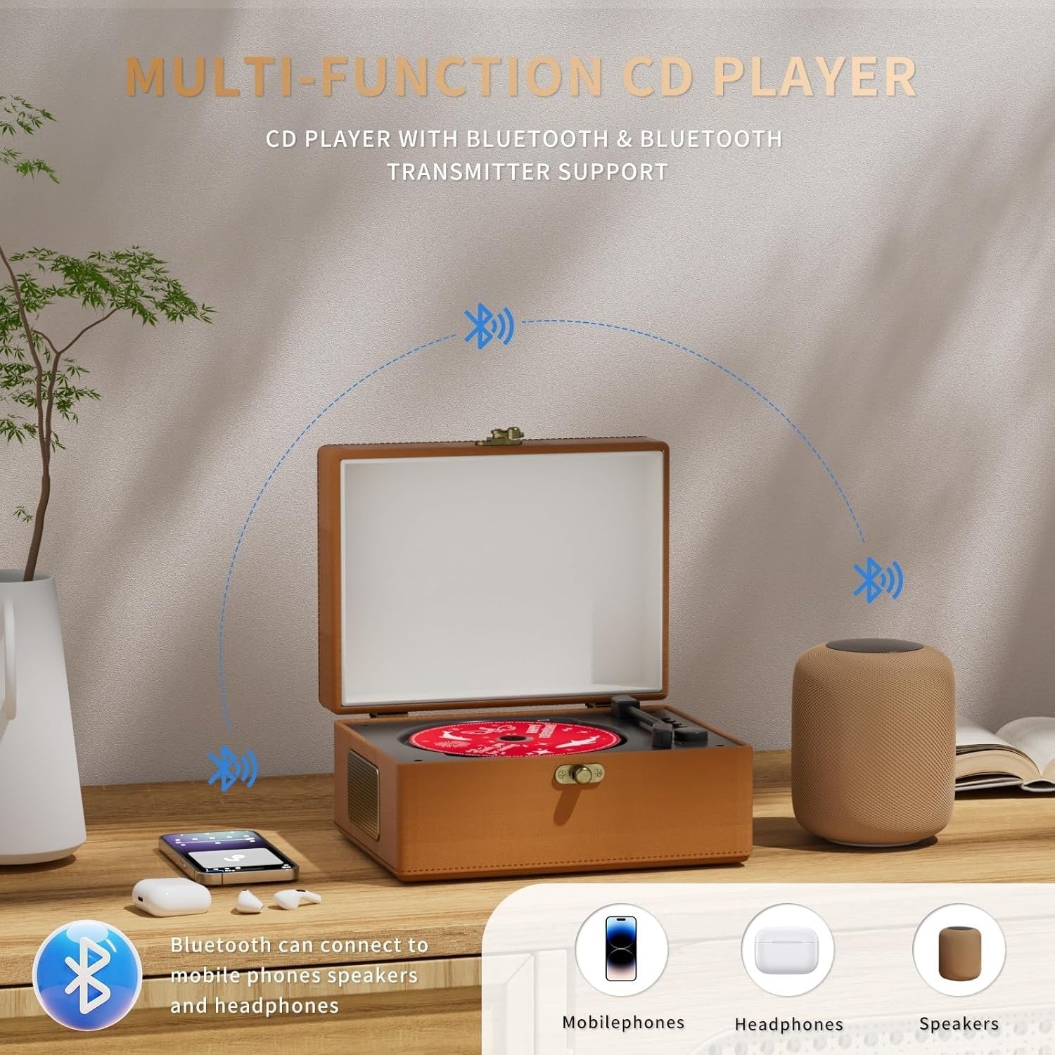 Brown Leather CD Player w Speakers Rechargeable Home Decor Music Box