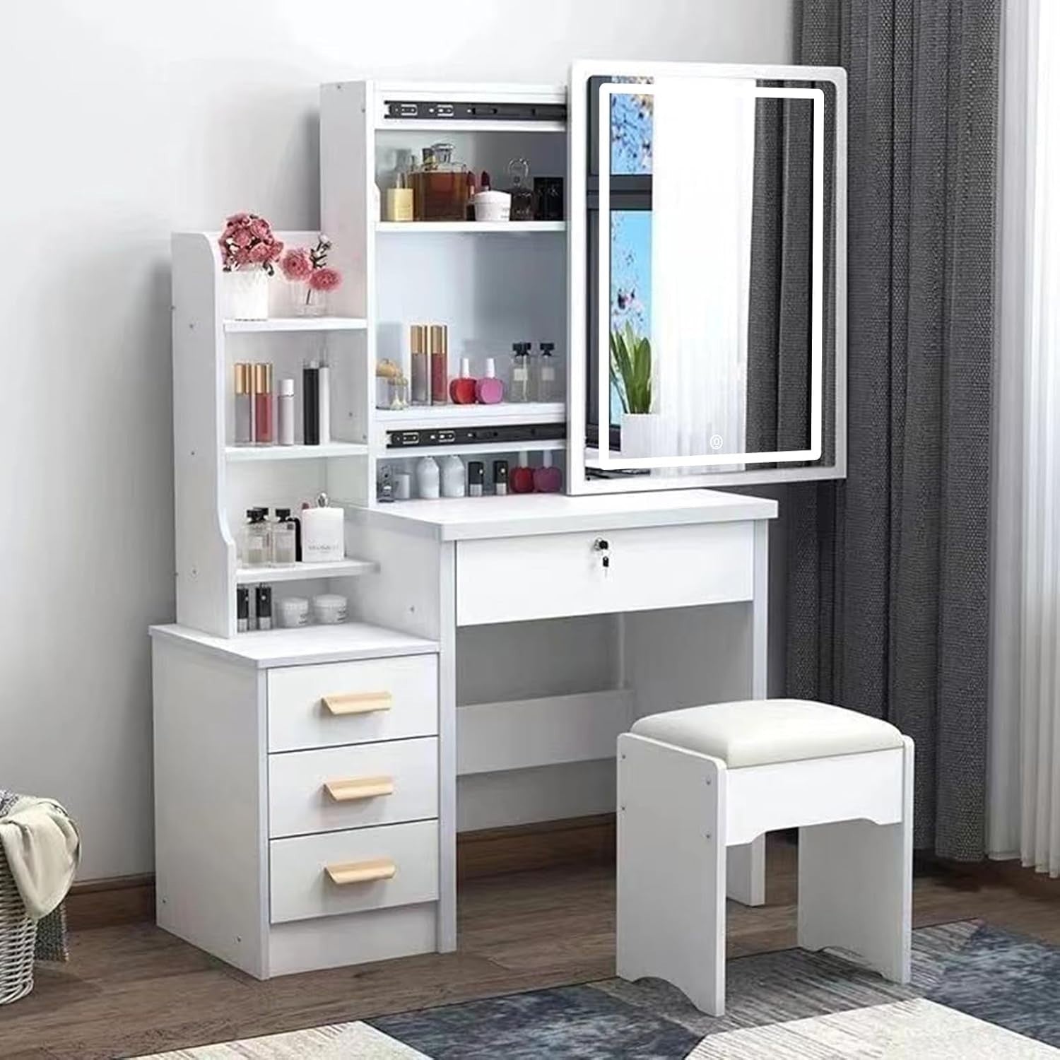 White Dressing Table Makeup Vanity Desk with LED Lights 4 Drawers Storage