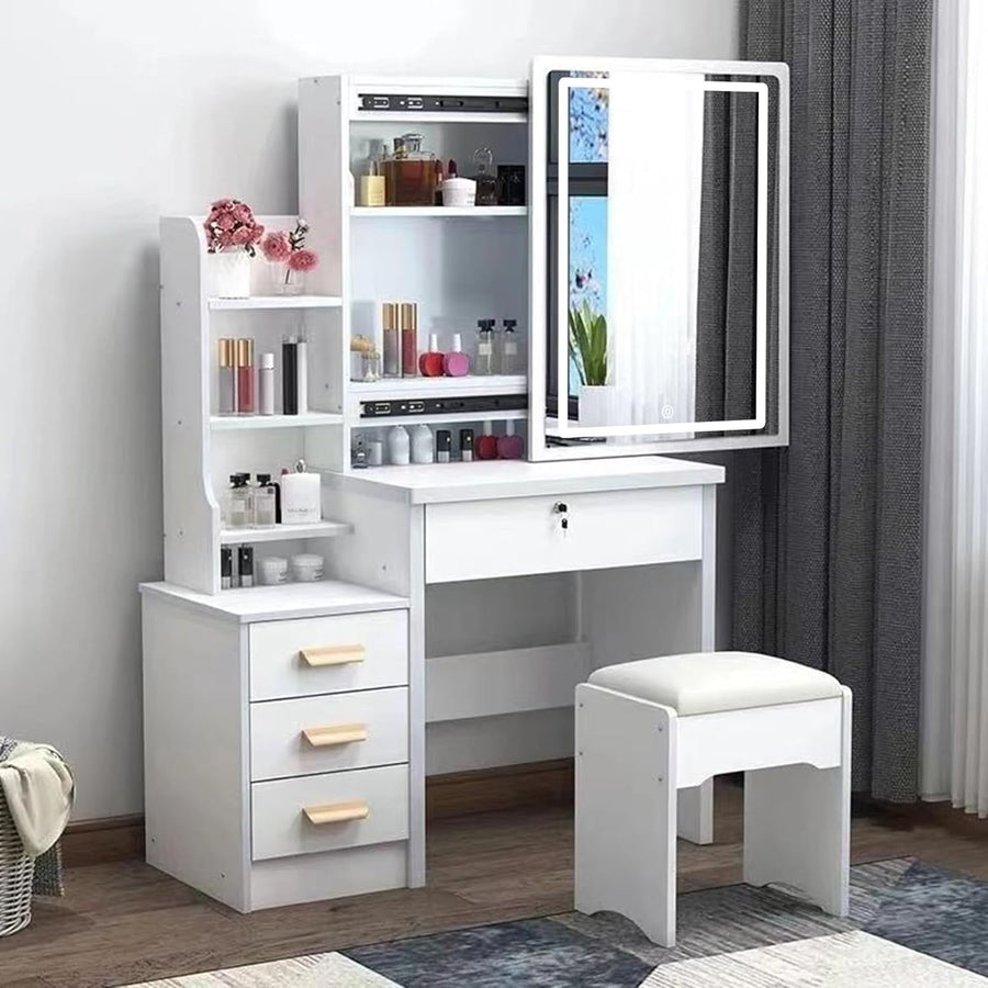 White Dressing Table Makeup Vanity Desk with LED Lights 4 Drawers Storage