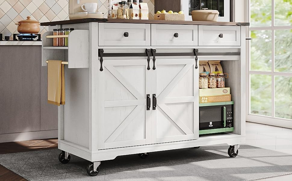 Kitchen Island Cart with Extendable Worktop, Sliding Doors & 3 Drawers