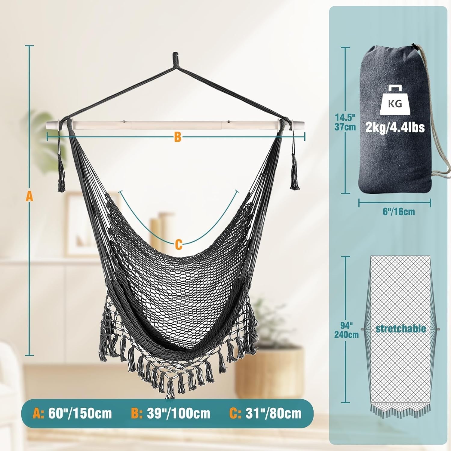 Dark Grey Hanging Hammock Chair – Cotton Mesh, Indoor Outdoor, 120kg Capacity