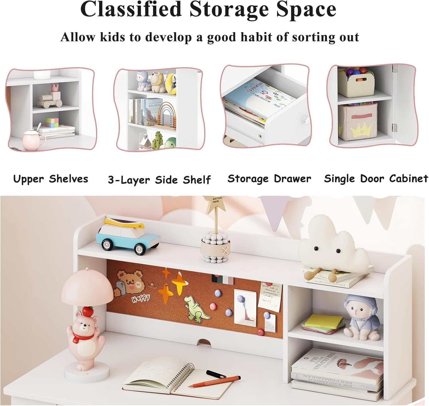 Kids Study Desk & Chair Wooden Table w/ Storage Shelf Drawer Cabinet White