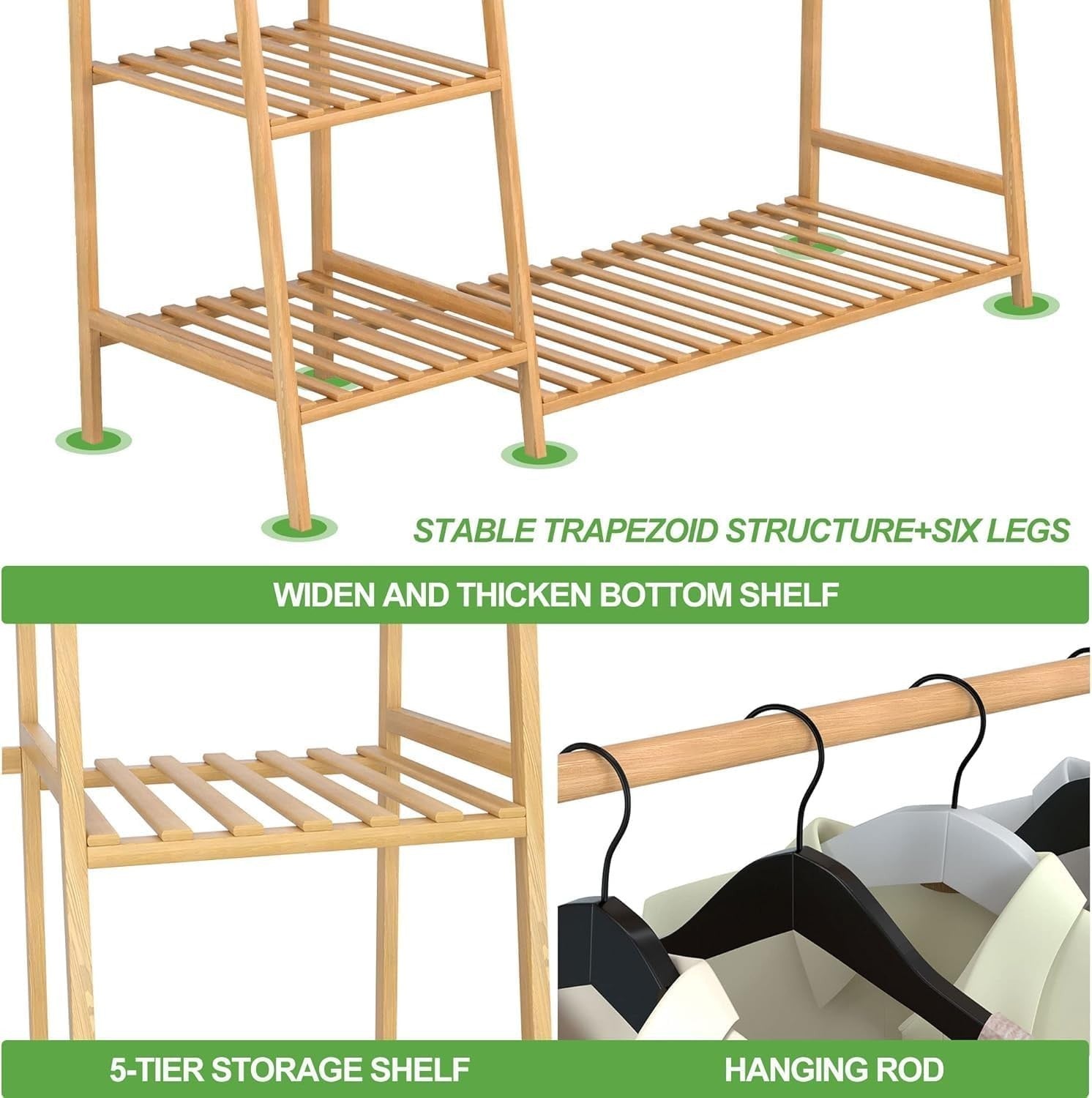 Bamboo Clothes Rack with Shelves, Freestanding Garment Rail Beige