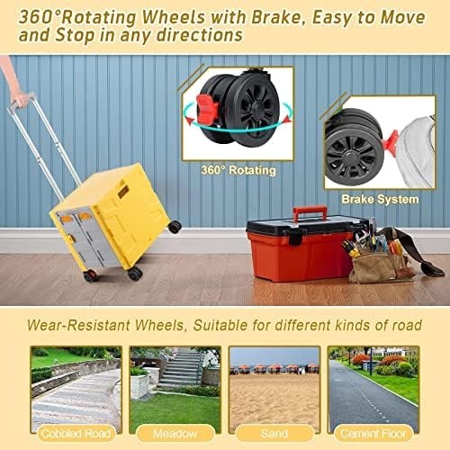 Foldable Grocery Trolley Cart 50Kg Portable Storage Box w/ Lid Yellow
