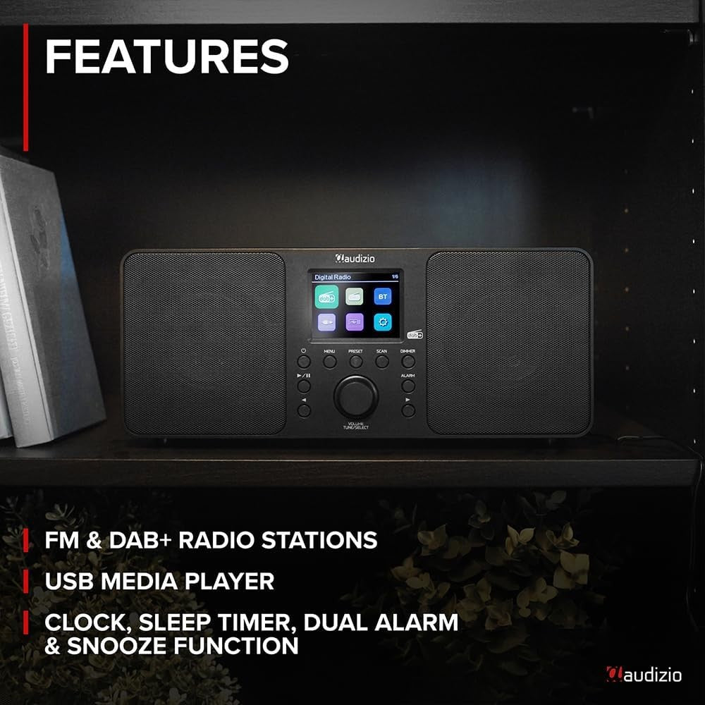 DAB Digital Radio Bluetooth 50W Stereo Dual Alarm Remote Compact Black
