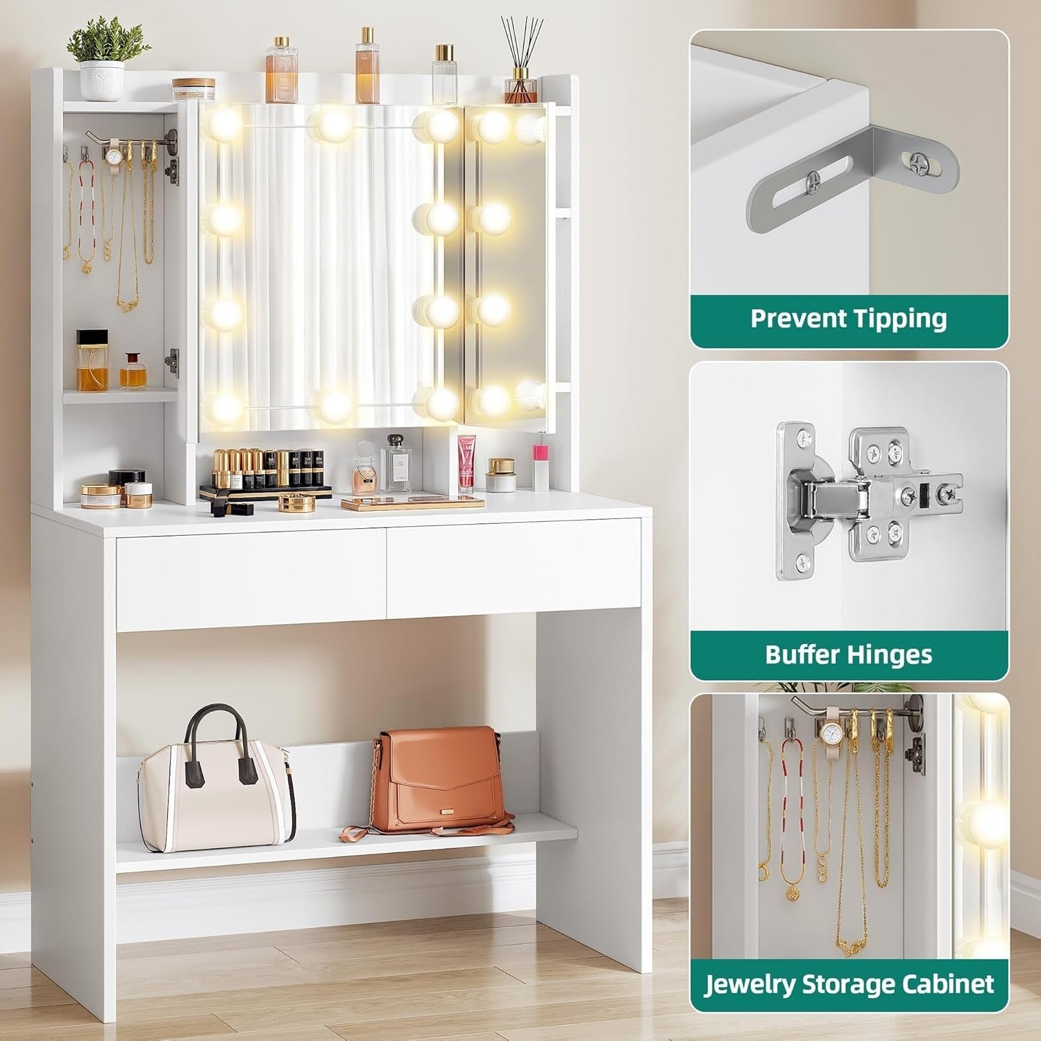 Vanity Dressing Table Desk Set w/ Lighted Mirror Adjustable Shelves Drawers Stor
