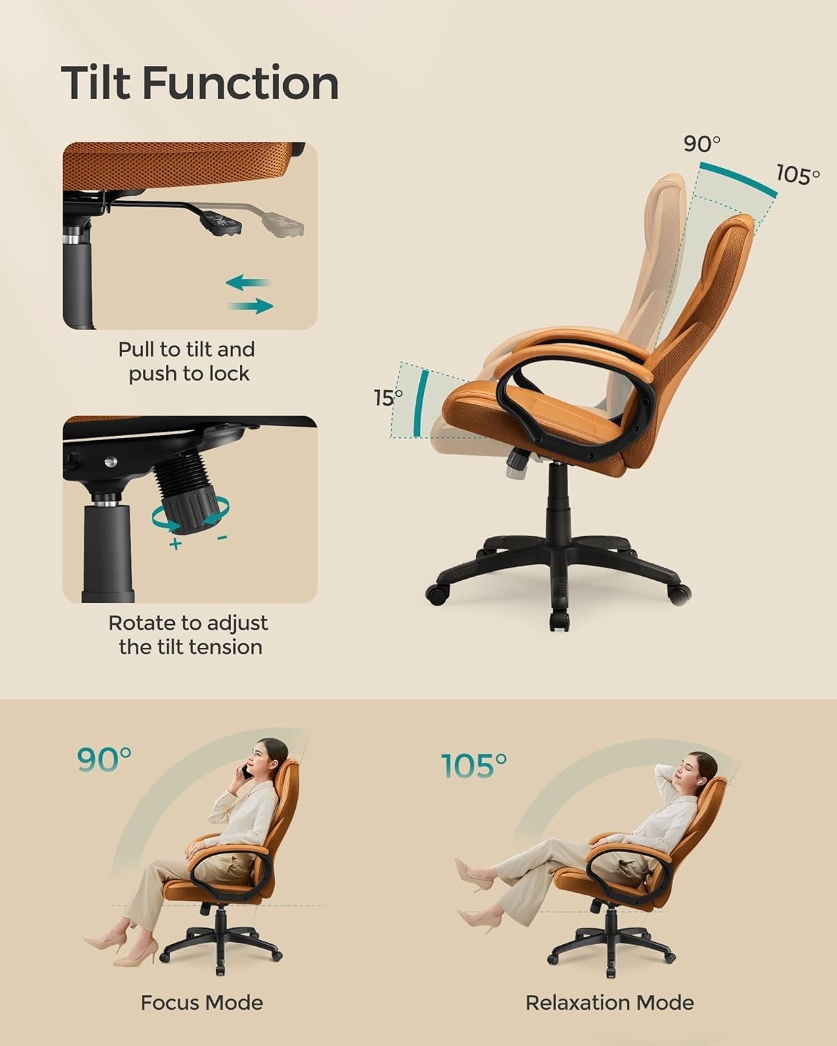 Ergonomic Office Chair Faux Leather Swivel Desk Seat Adjustable Height Brown