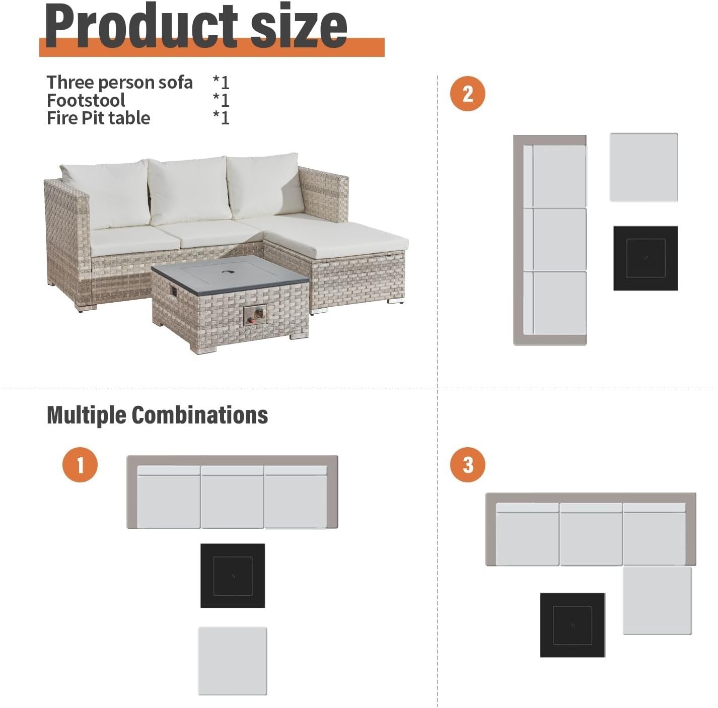Outdoor 3-Piece Rattan Patio Fire Pit Set with Cushions & 40,000 BTU Table
