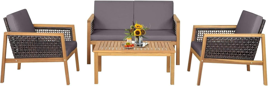 Outdoor 4PC Rattan Sofa Set Wooden Garden Lounge Chairs Coffee Table