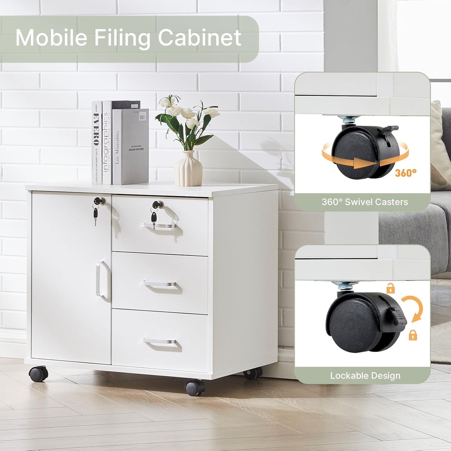Locking Mobile File Cabinet 3 Drawer Printer Stand Rolling Office Storage