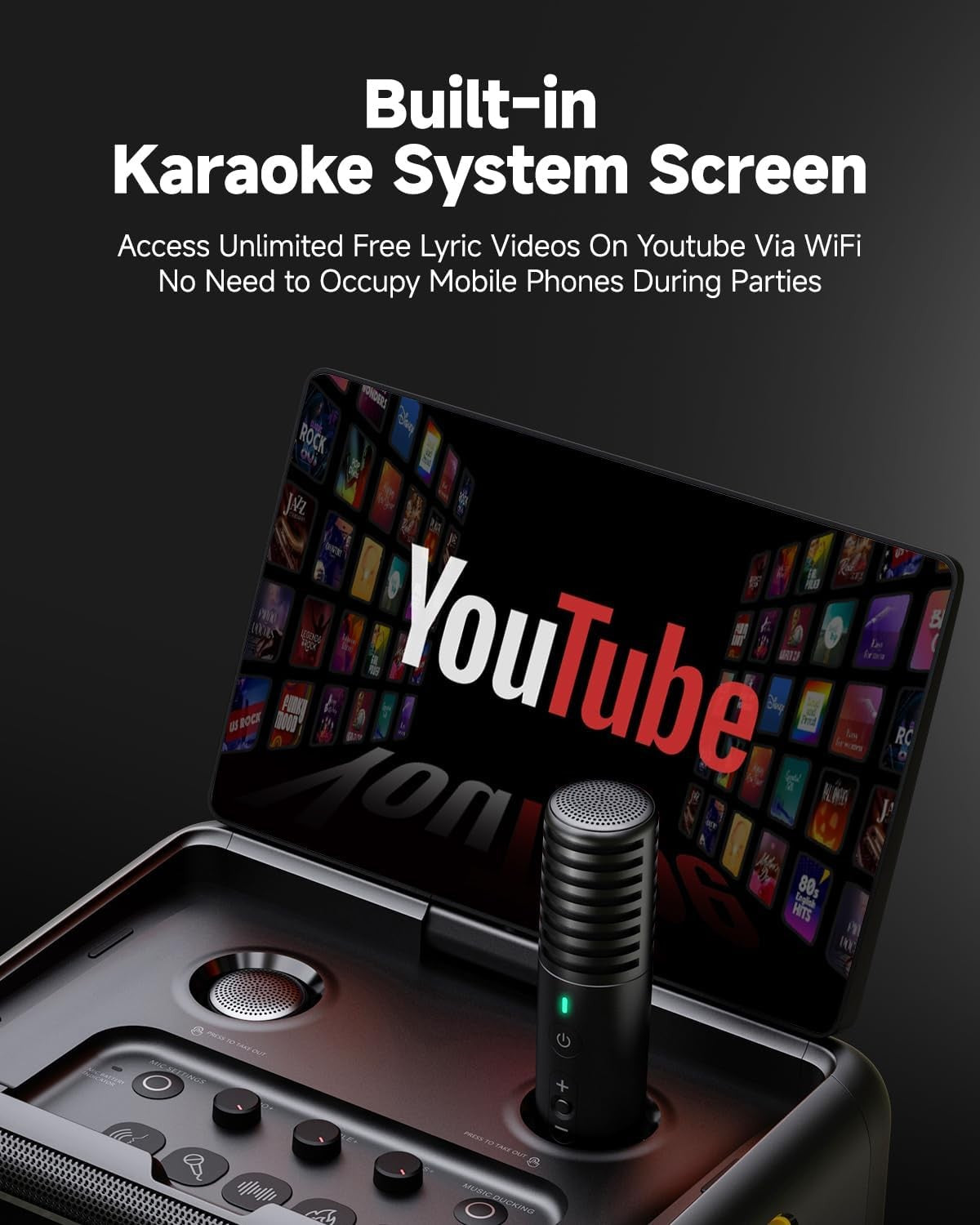 300W Karaoke Machine with 2 Wireless Mics Lyrics Display DJ Lights