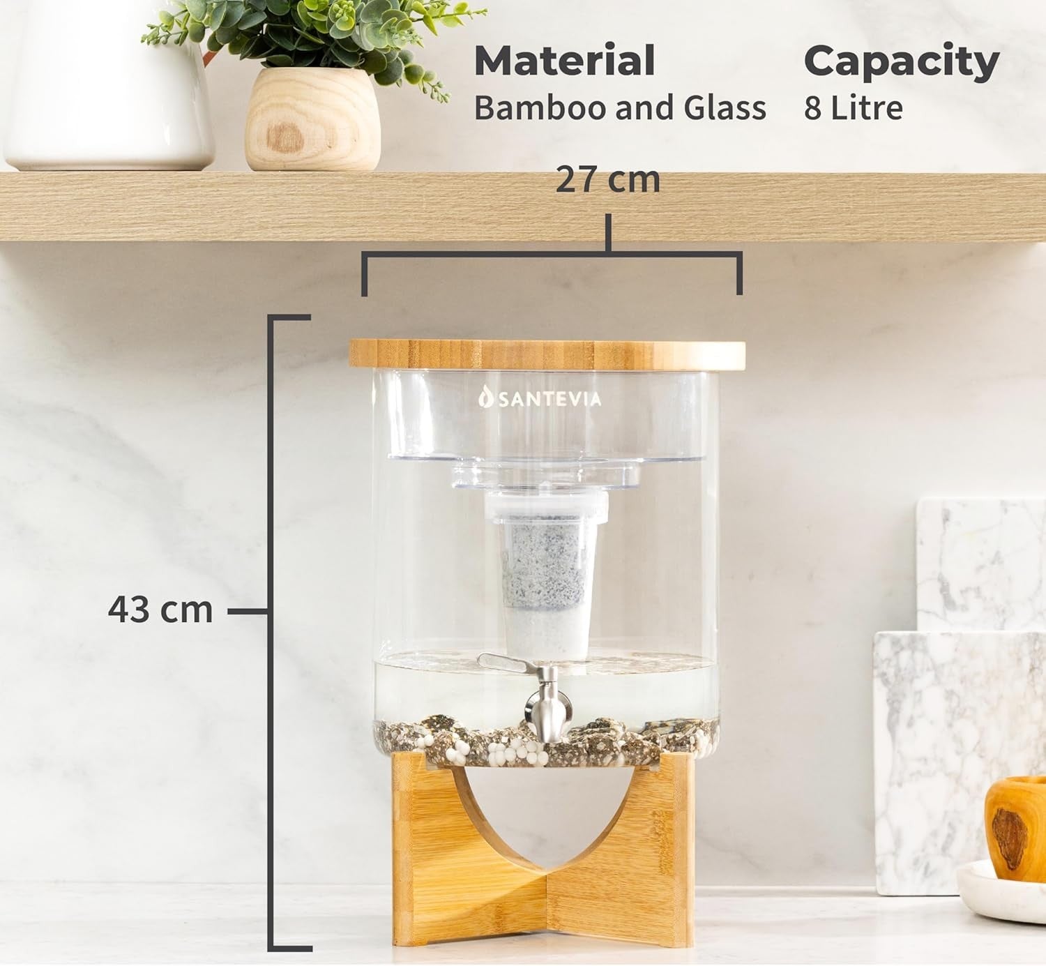 Glass Water Filter Dispenser Countertop Fluoride Chlorine Removal 8L Alkaline