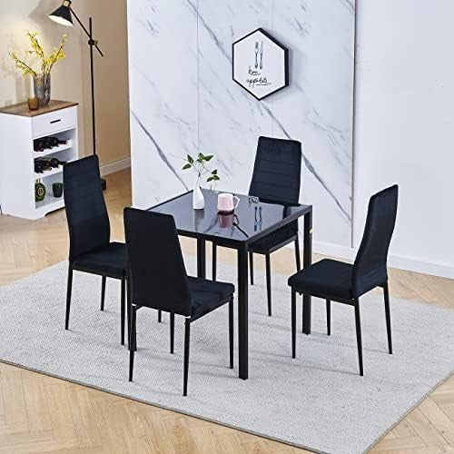 Square Glass Dining Table Set 4 Chairs Modern Space Saving Black Flannel