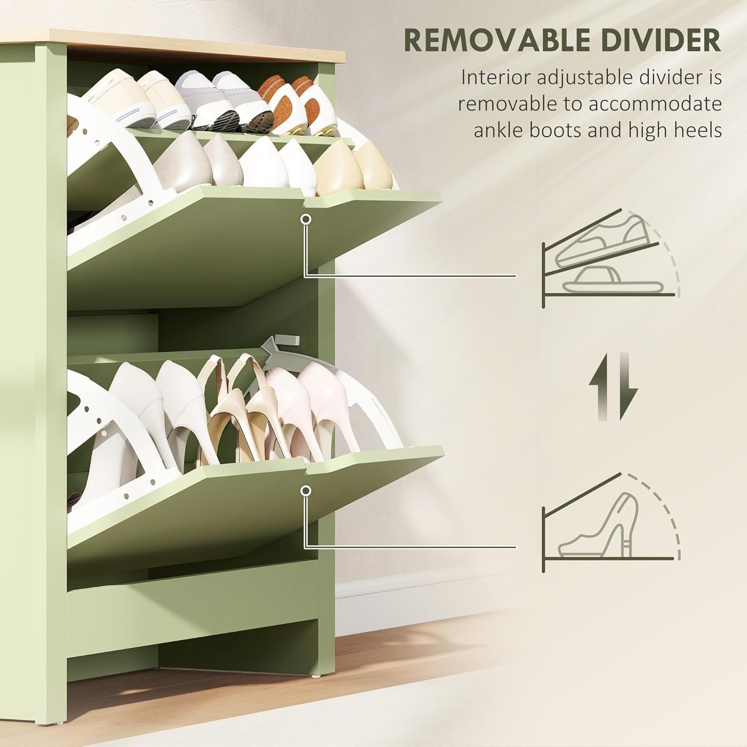 Space Saving Narrow Shoe Cabinet 2 Flip Drawers Adjustable Shelves Green