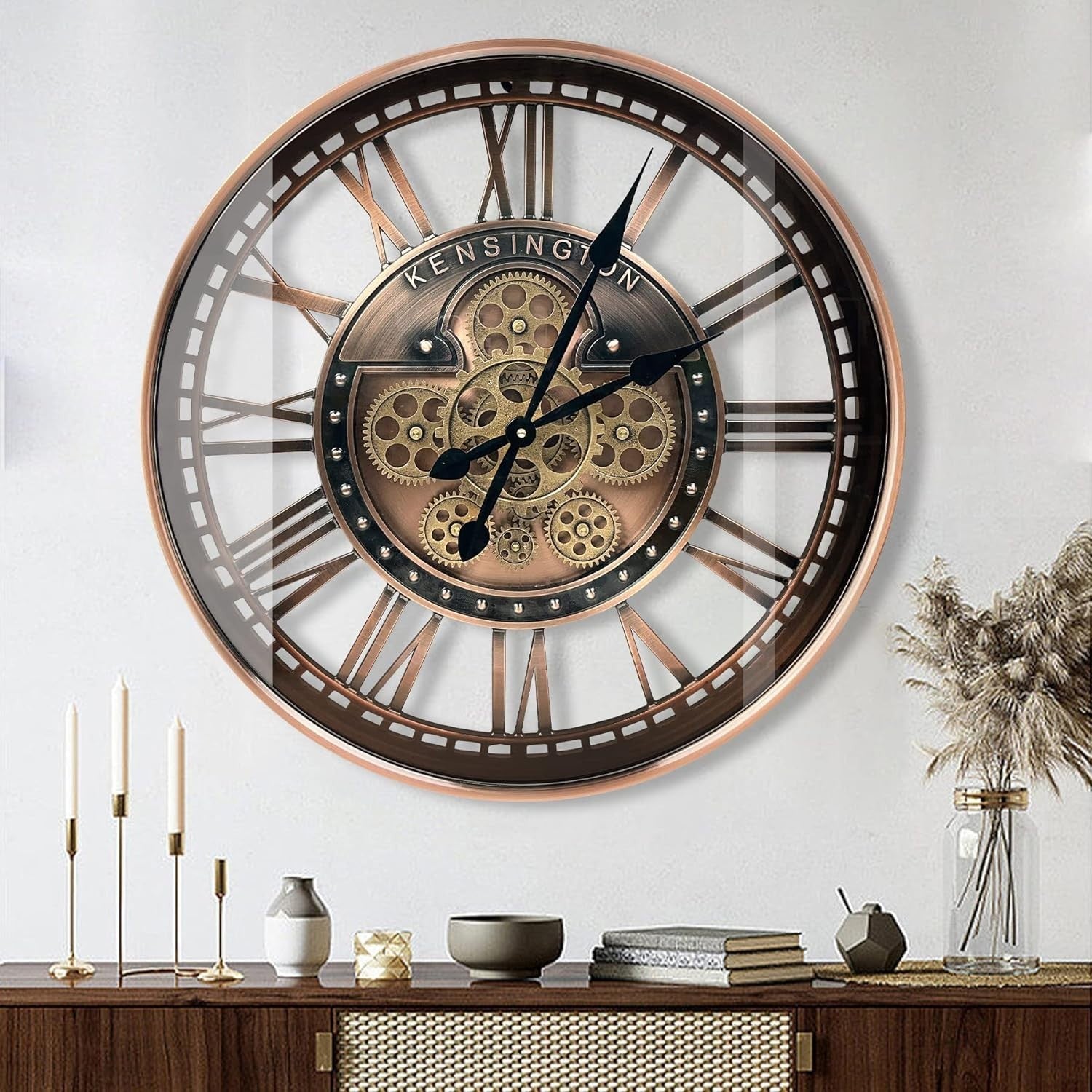 21" Copper Wall Clock Moving Gears Steampunk Industrial Metal Retro