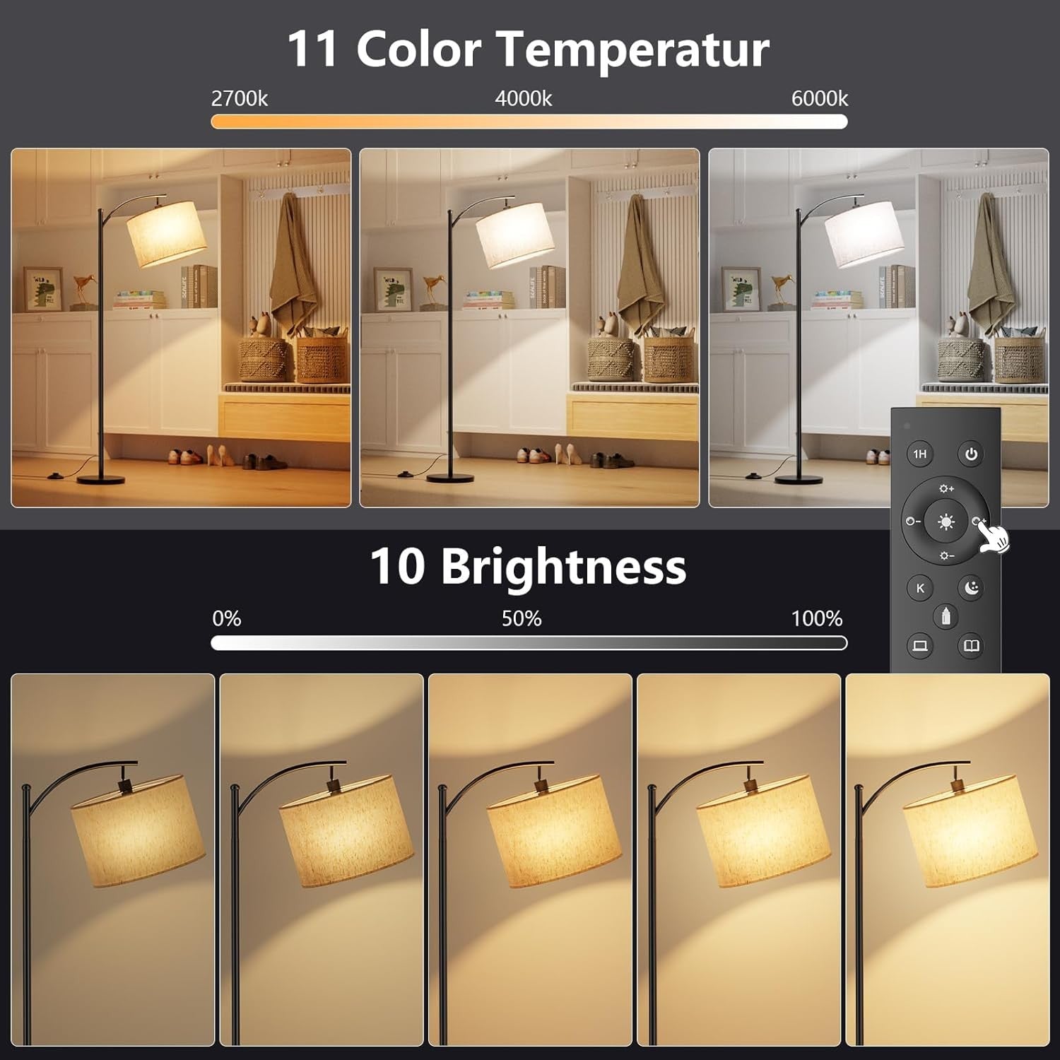 Arc Floor Lamp Remote Control Dimmable Reading Light Modern Standing Lamp