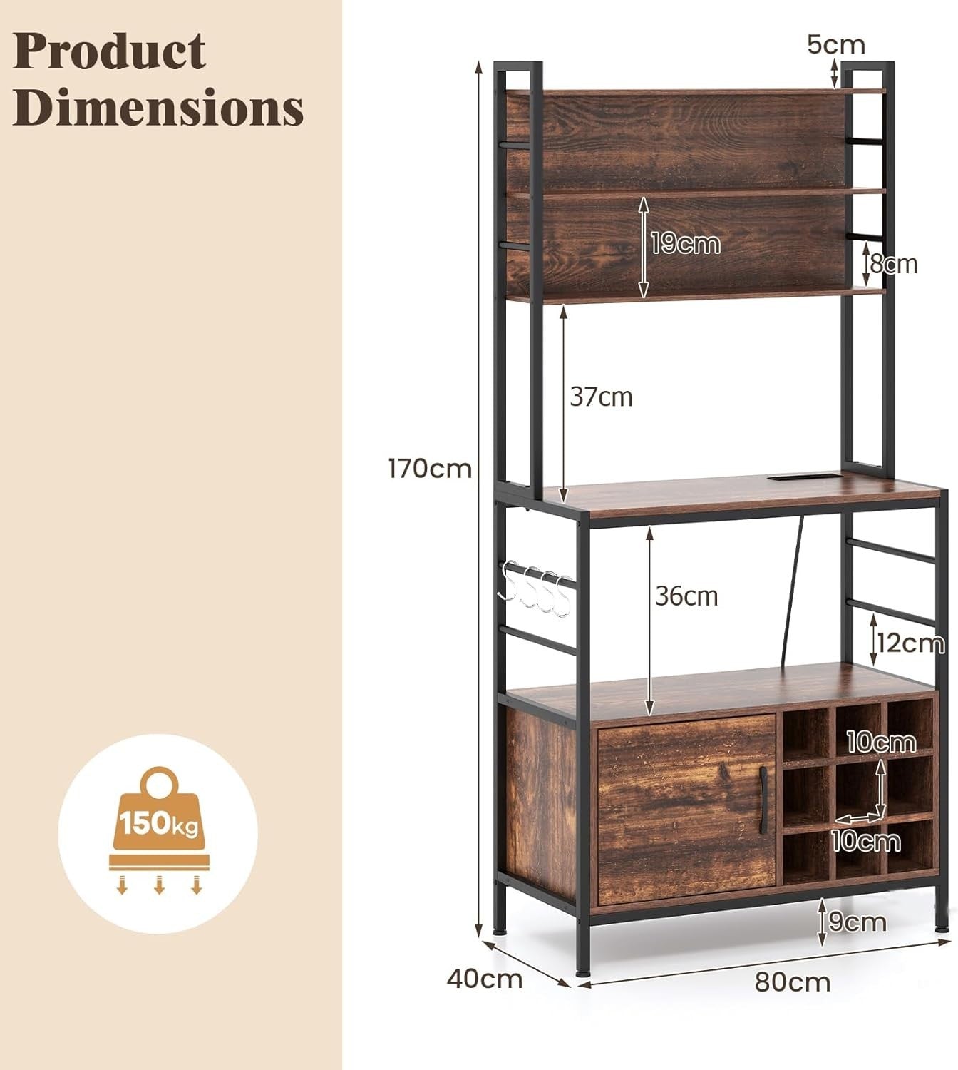 Kitchen Baker’s Rack Wine Bar Cabinet with Power Outlets, Rustic Brown Storage