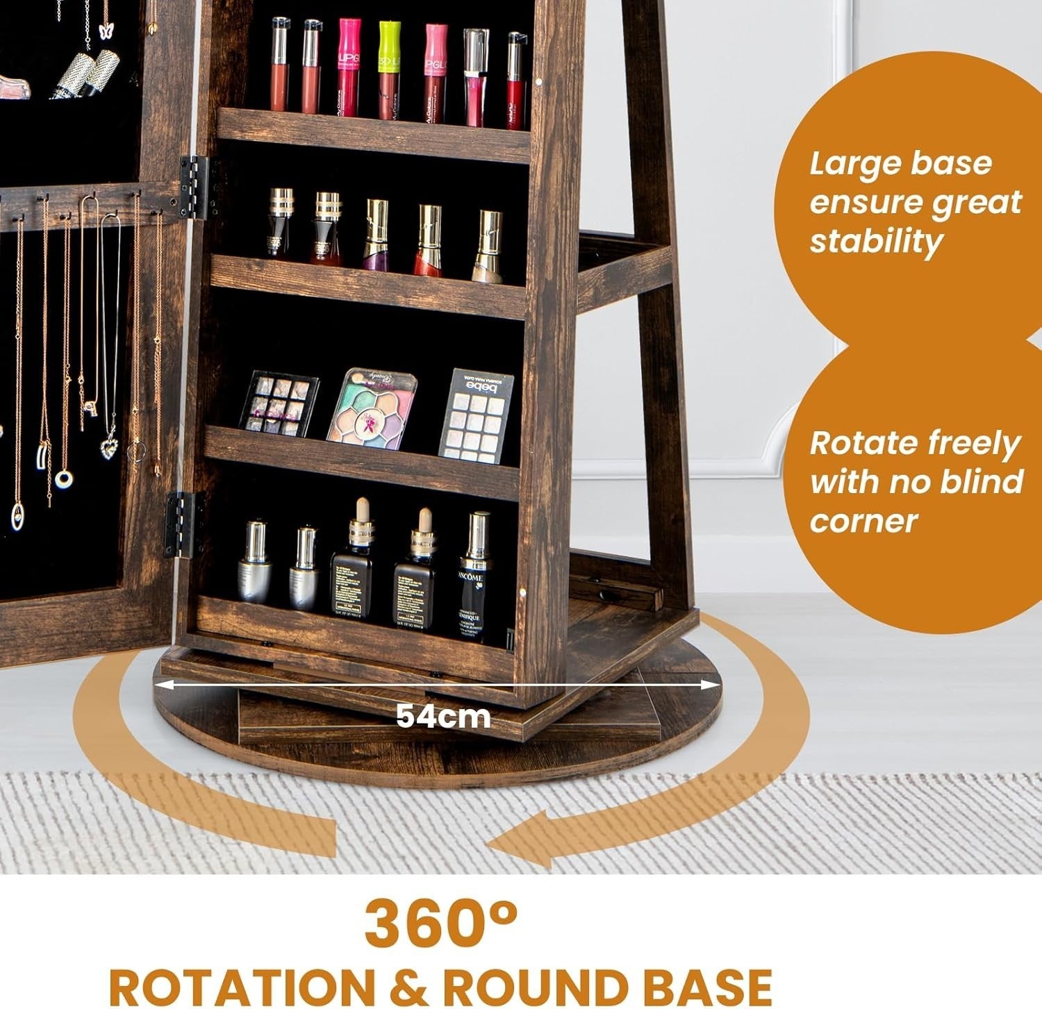 Rustic Brown 360° Swivel LED Jewelry Cabinet Mirror Lockable 3-in-1