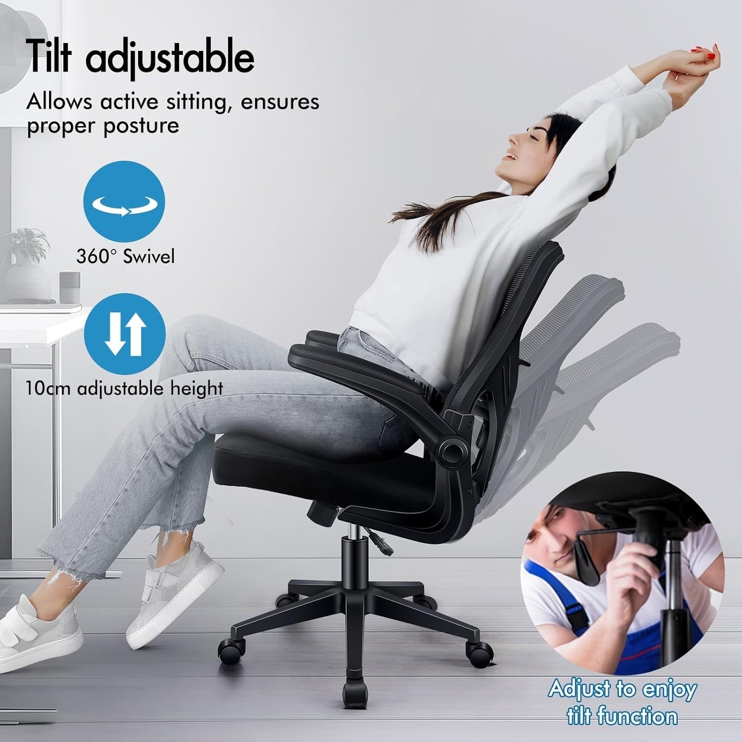 Ergonomic Office Chair Mesh Mid Back Adjustable Height Flip Up Armrests Swivel