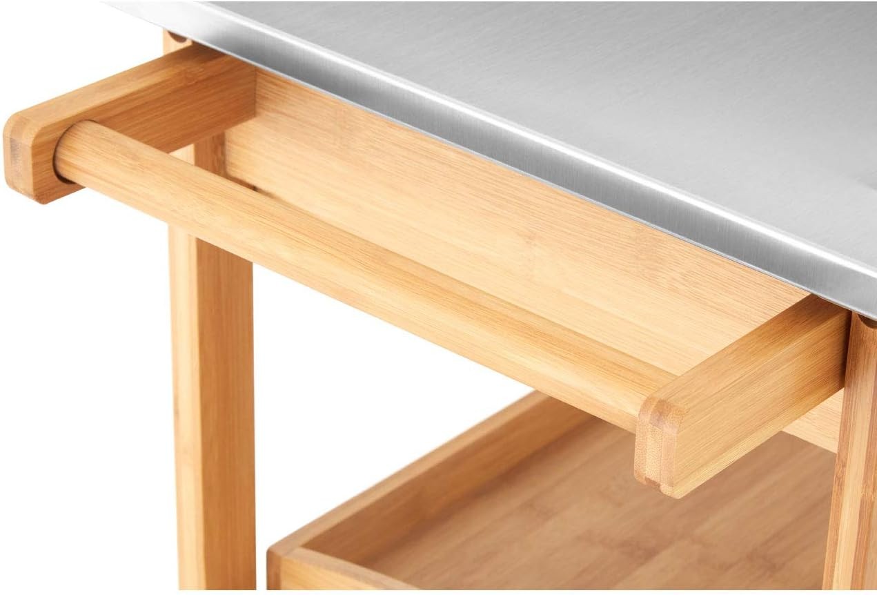 Wooden Kitchen Trolley Rolling Storage Cart Bamboo Shelves Drawer Wheels
