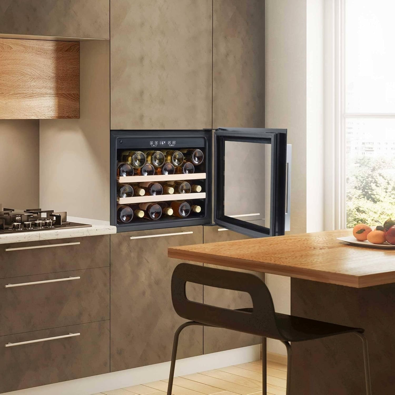 60cm Built In Wine Cooler 28 Bottle Glass Door LED Beech Shelves Black