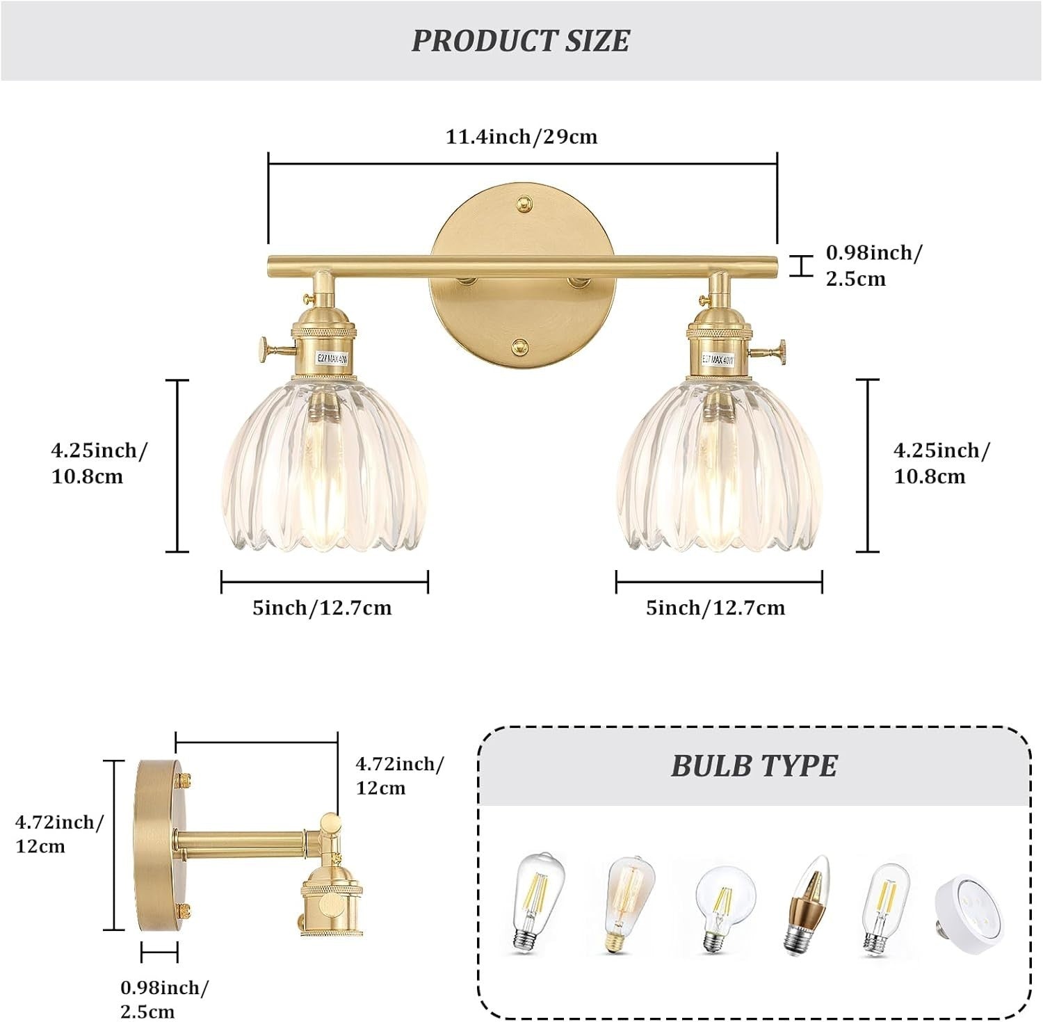 2-Light Clear Glass Wall Sconce Vanity Light Brass Fixture for Bathroom