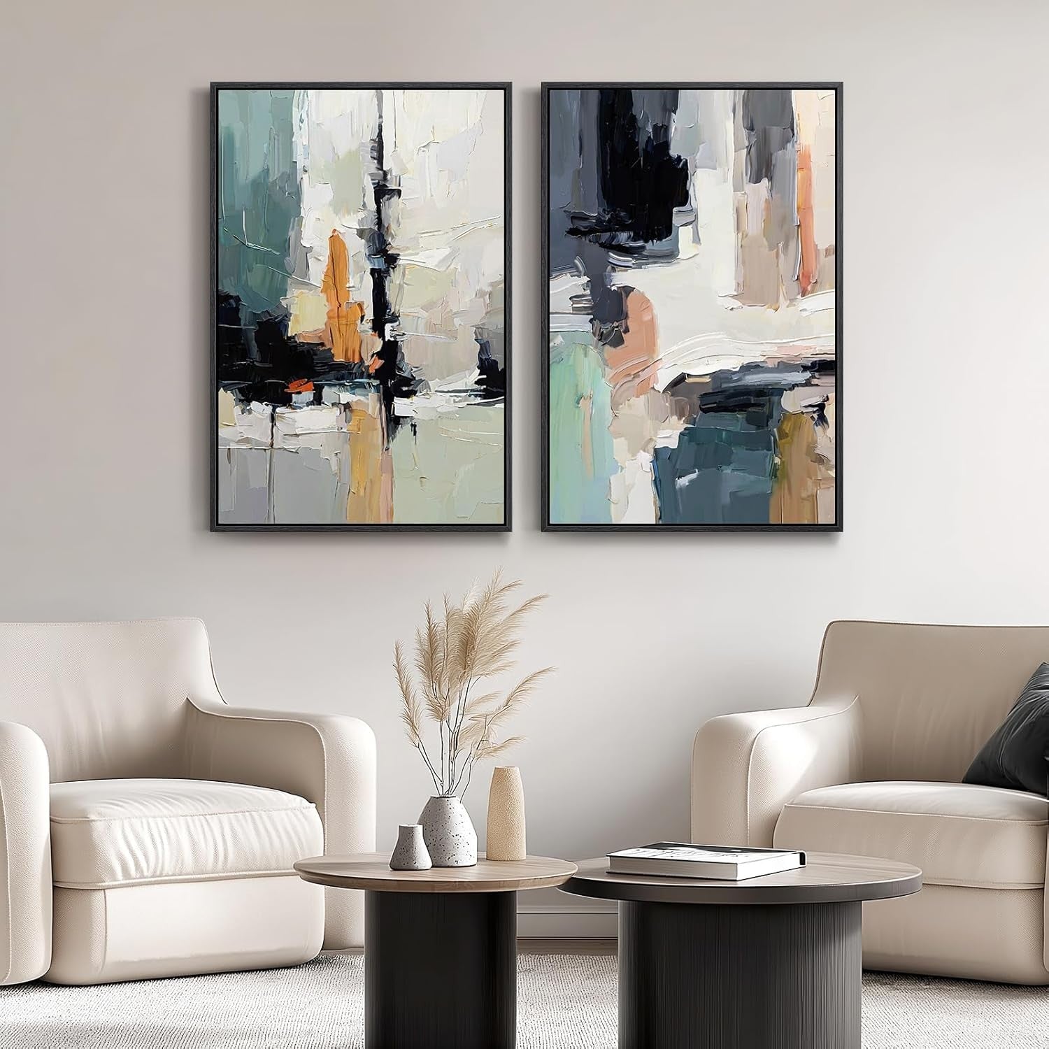 Framed Blue Gray Abstract Wall Art Set of 2 24x36 Modern Canvas Prints
