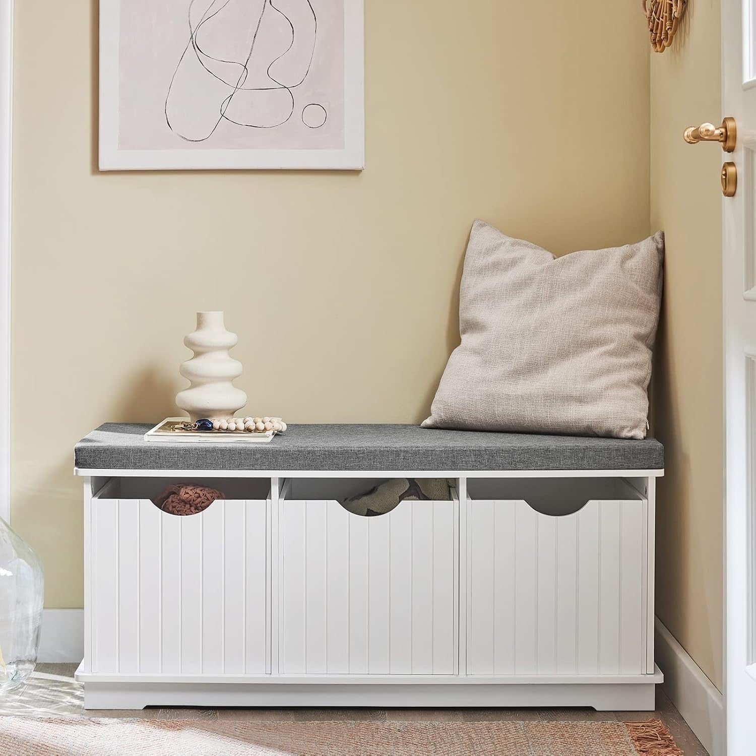 Hallway Shoe Storage Bench with 3 Drawers & Removable Cushion, White