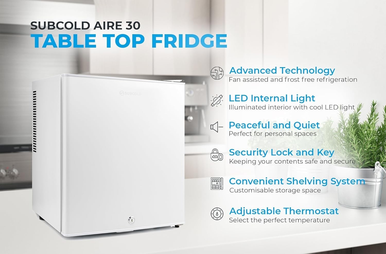 Mini Fridge 30L Compact Table Top Frost-Free LED Lockable White