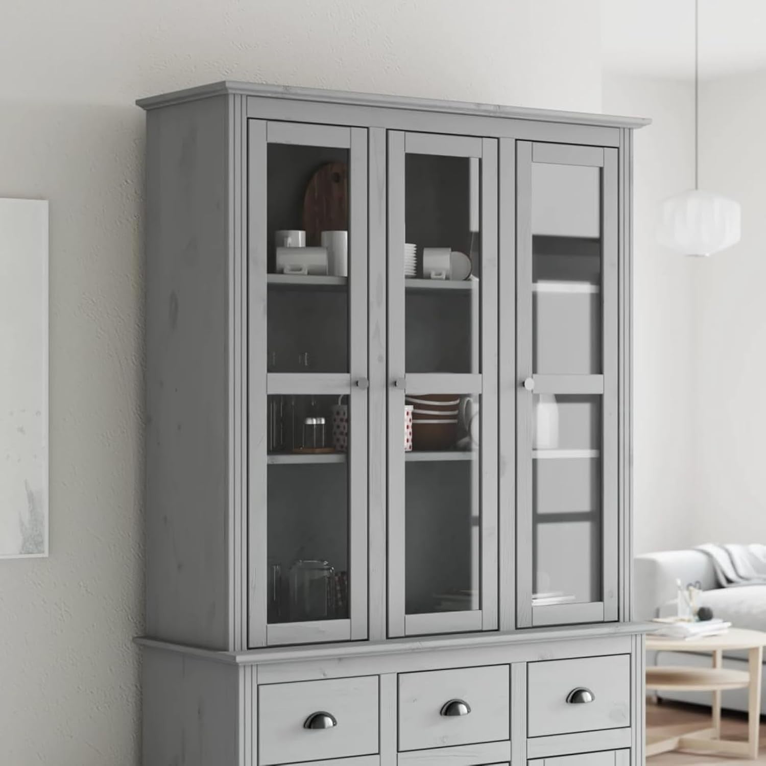 Grey Solid Wood Cabinet | 3 Glass Doors & Metal Handles 118cm