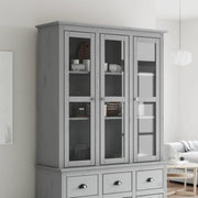 Grey Solid Wood Cabinet | 3 Glass Doors & Metal Handles 118cm
