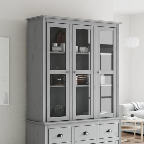 Grey Solid Wood Cabinet | 3 Glass Doors & Metal Handles 118cm