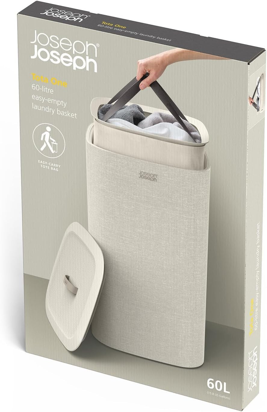 60L Laundry Basket with Lid Single Compartment Removable Tote Bag Ecru Modern