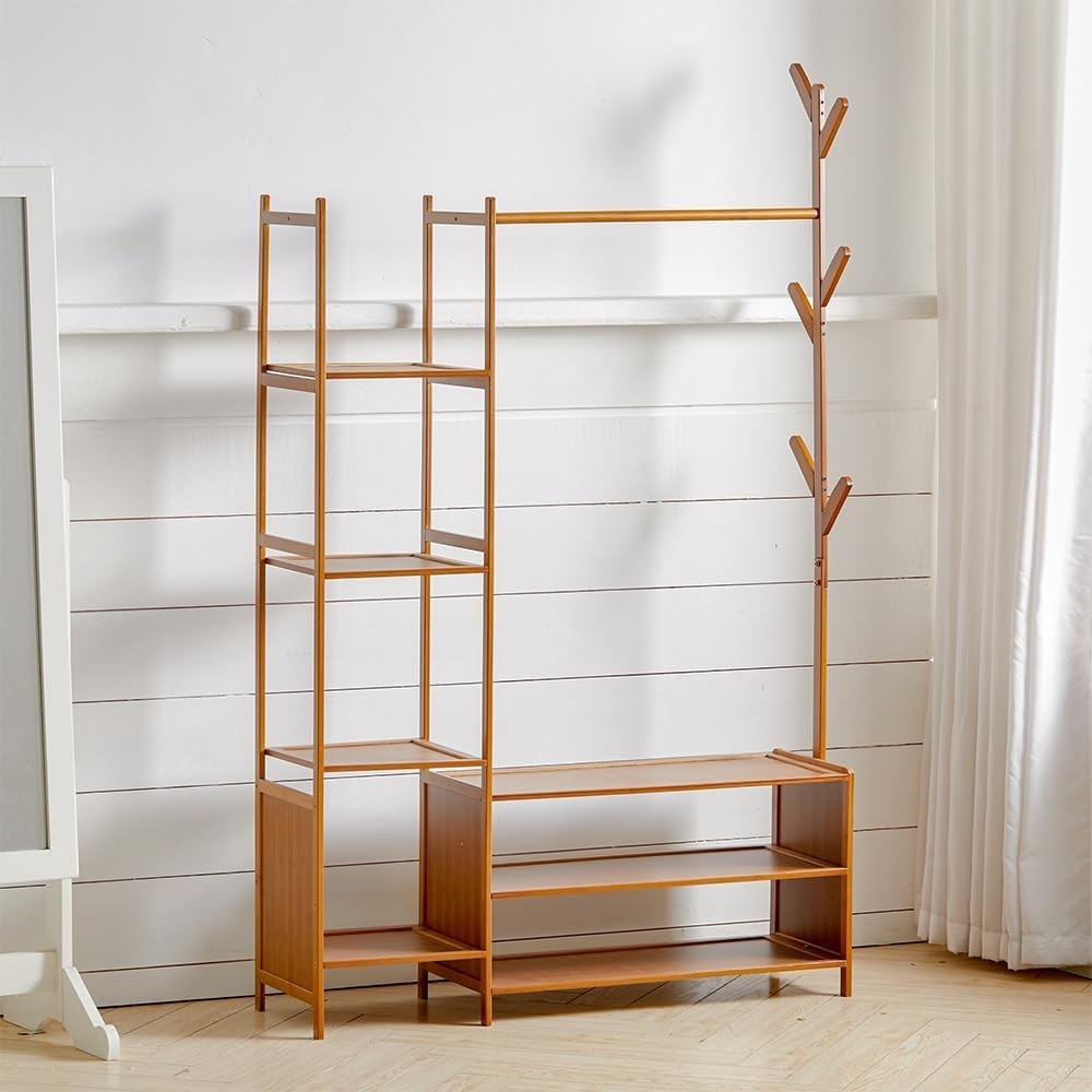 Bamboo Clothes Rail with 6 Shelves & Hooks, 100cm Wardrobe