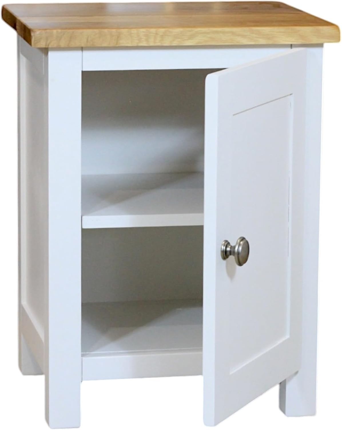 Solid Wood Bedside Table with Oak Top – 1 Door White Cabinet, Ready Assembled