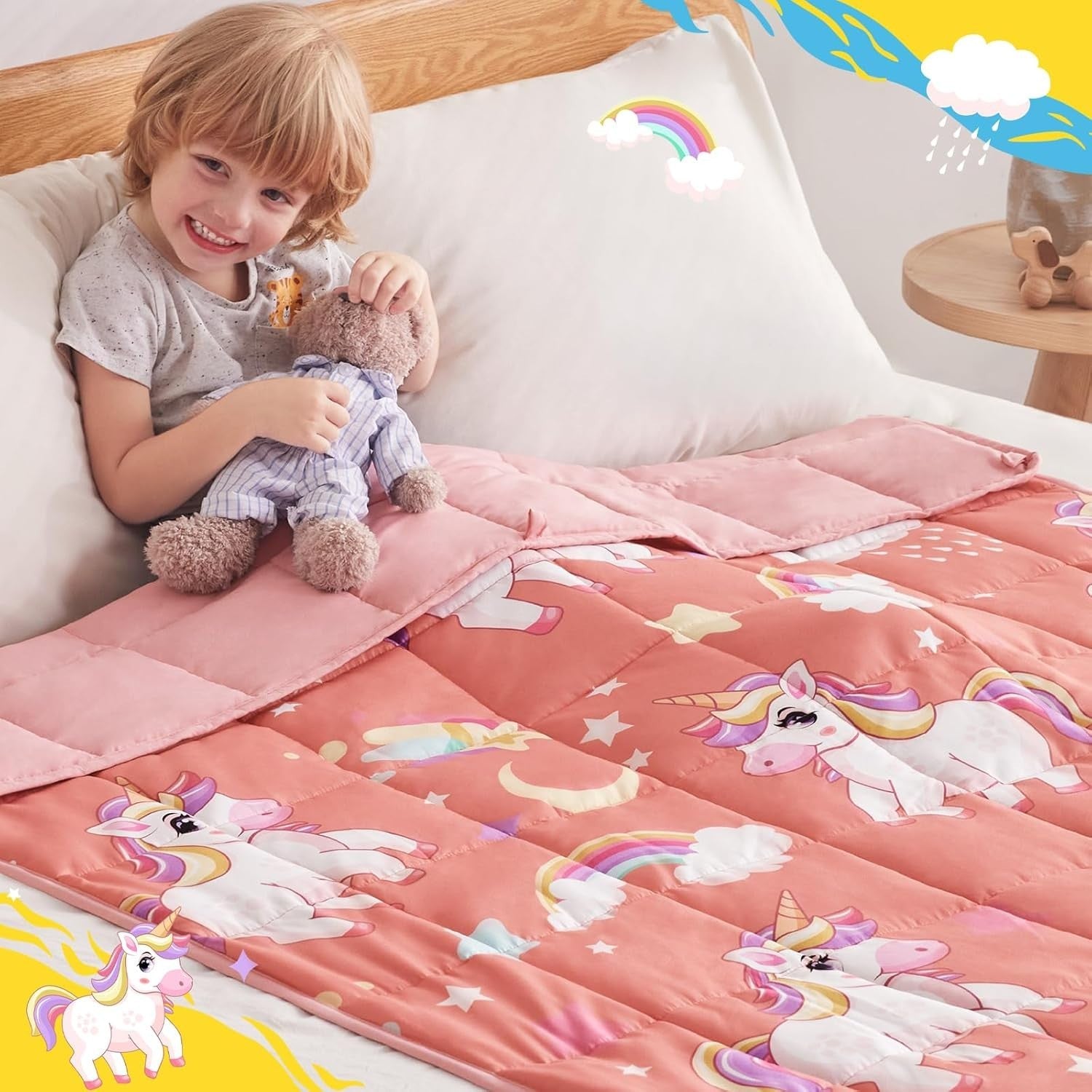 Kids Weighted Blanket 36"x48", 3lbs Red Unicorn Breathable Glass Beads